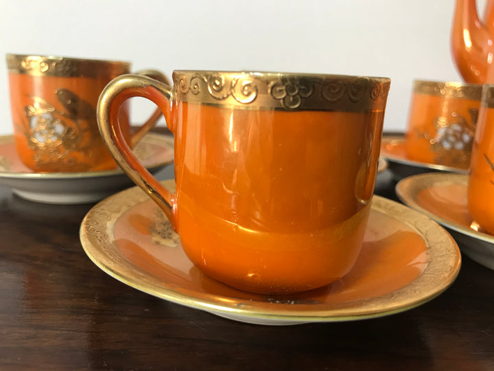 オールドノリタケ　朱色のラスターが使われたティーセット