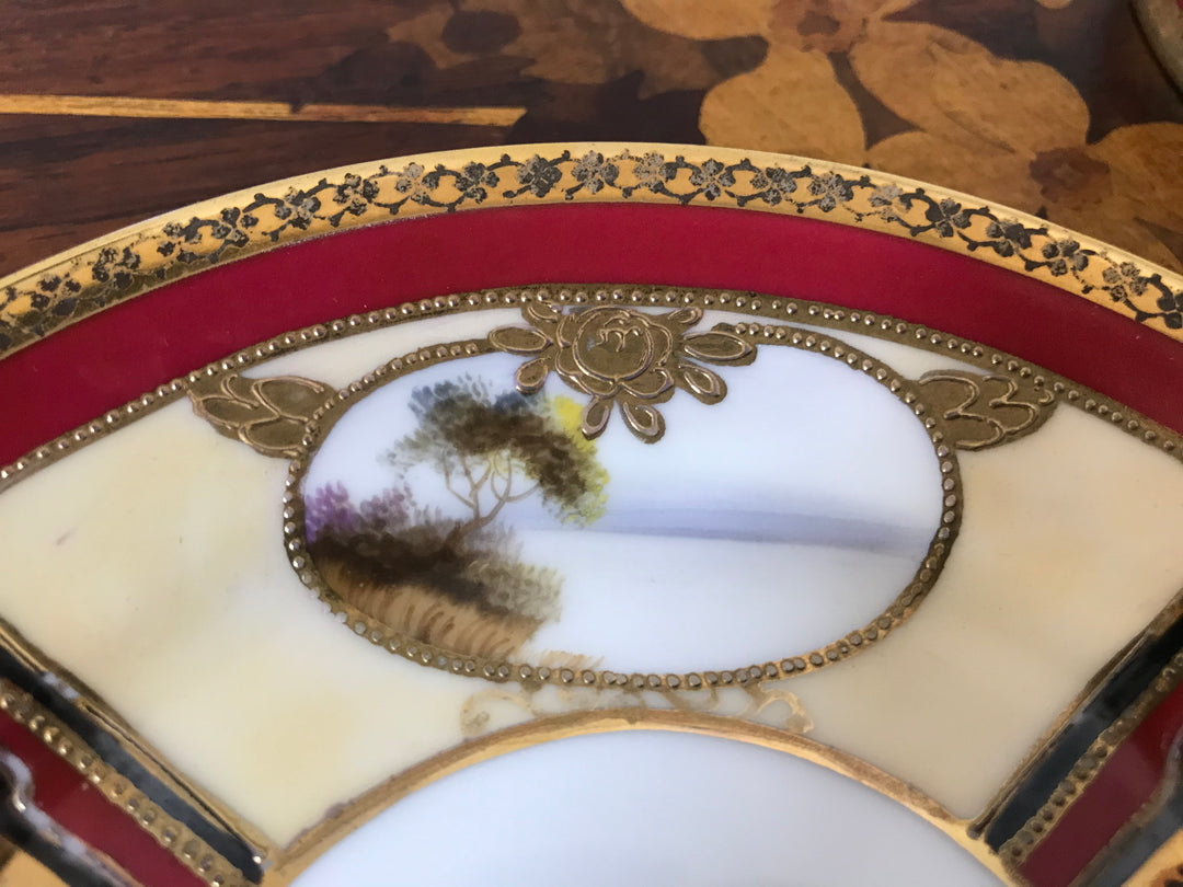 オールドノリタケ　茜色と風景が描かれたアールヌーボー紋様カップ＆ソーサーとプレートセット