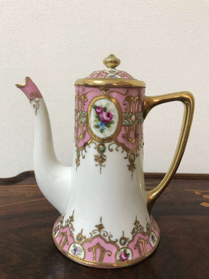 オールドノリタケ 金盛上 ピンクローズとターコイズジュエルの コーヒーポット