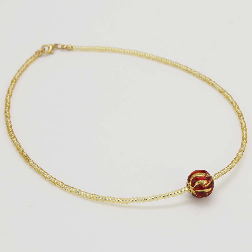 ベネチアングラス　ネックレス　ムラーノ　ロイヤル  レッド　ボールネックレス