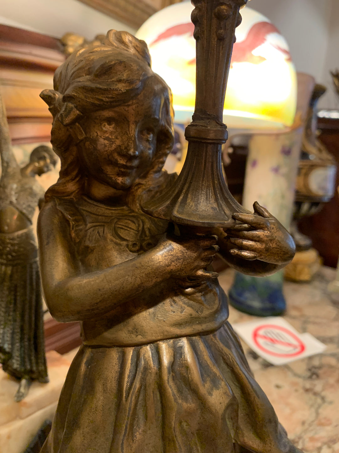 エミールガレ　少女が傘をさしたブロンズランプ（スターガレの時代）