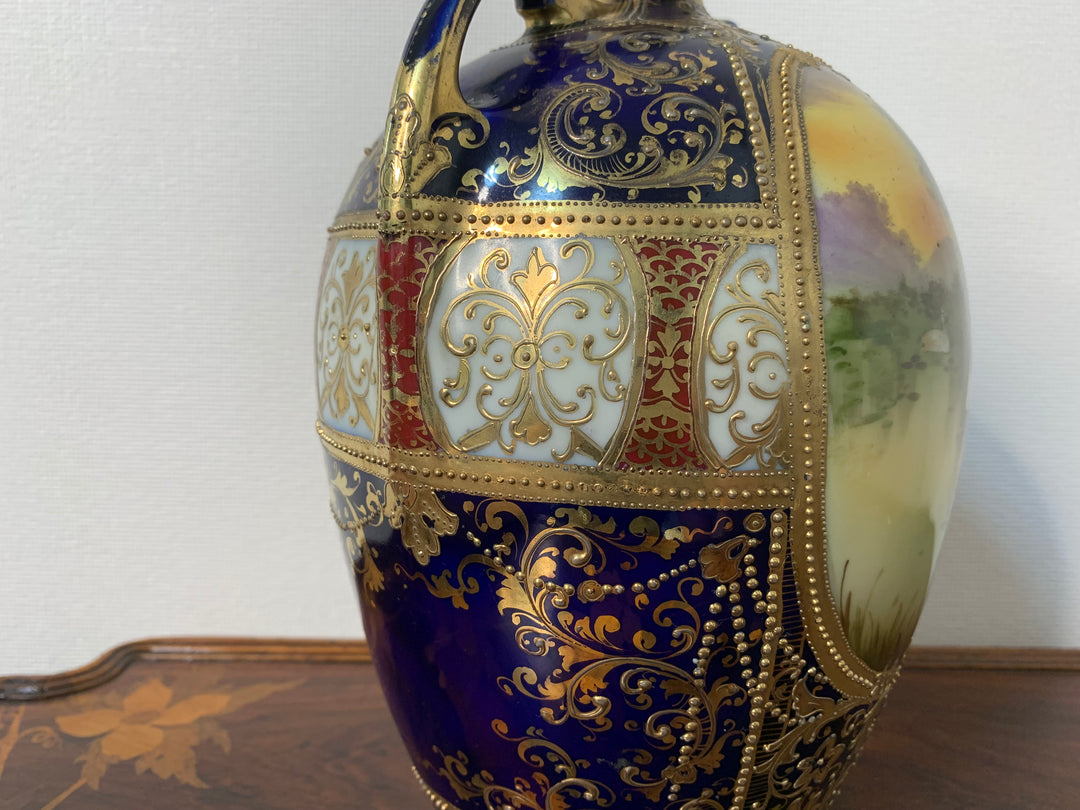 オールドノリタケ　コバルト地にスワン「白鳥」が描かれた花瓶