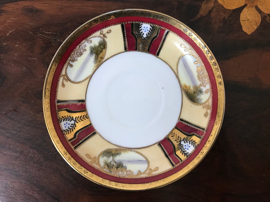 オールドノリタケ　茜色と風景が描かれたアールヌーボー紋様カップ＆ソーサーとプレートセット