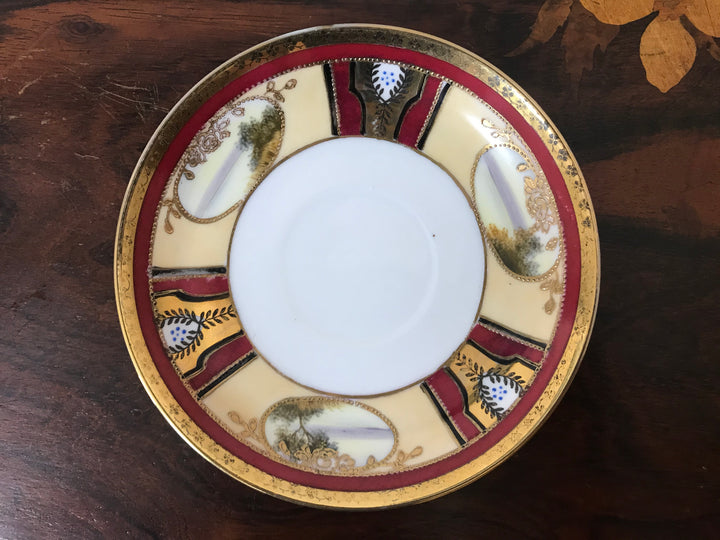 オールドノリタケ　茜色と風景が描かれたアールヌーボー紋様カップ＆ソーサーとプレートセット