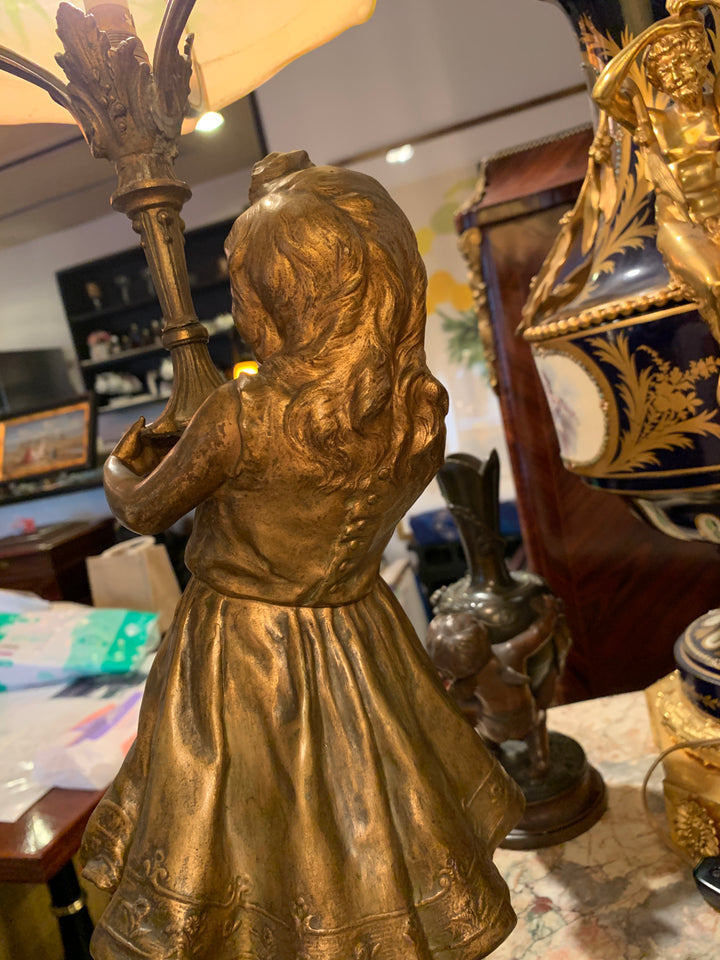 エミールガレ　少女が傘をさしたブロンズランプ（スターガレの時代）