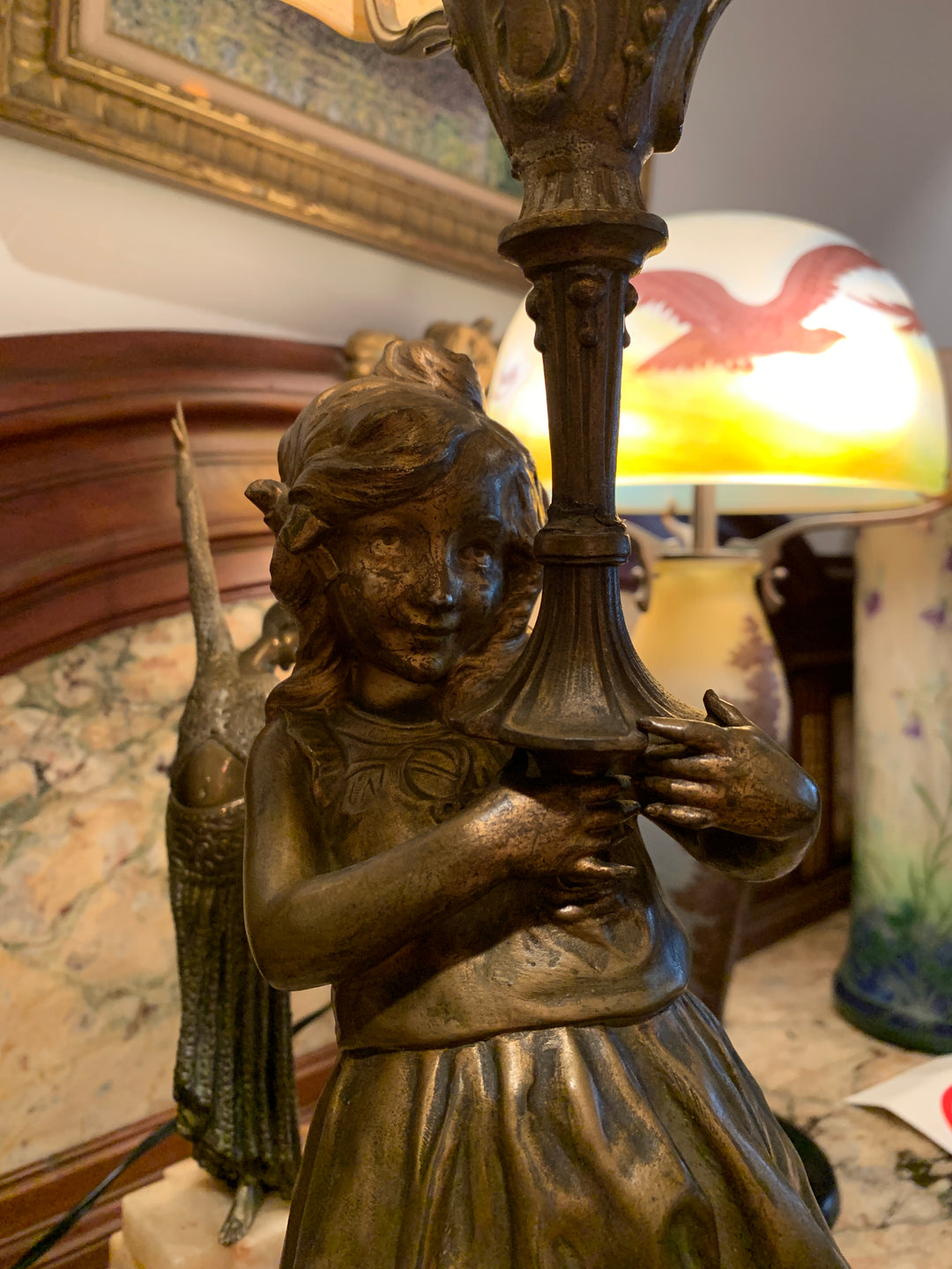 エミールガレ　少女が傘をさしたブロンズランプ（スターガレの時代）