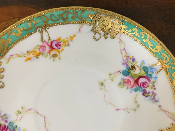 オールドノリタケ初期のマルキ印作品　ピンクローズのブルームのカップ＆ソーサー