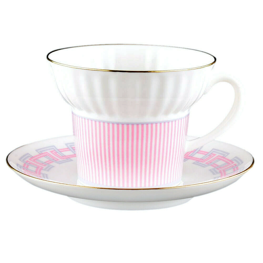 Pink Imperial Porcelain Teacup & Saucer, Geometry #5 Pattern, LOMONOSOV, LFZ
