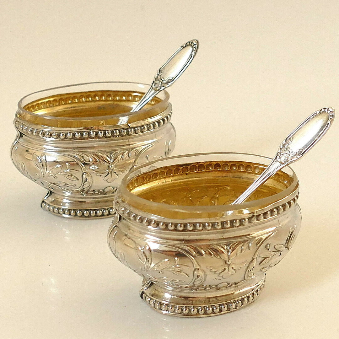 Bezon French Sterling Silver 18k Gold Salt Cellars Pair, Spoons, Original Box