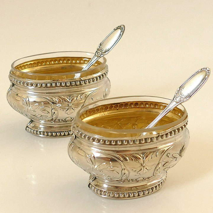 Bezon French Sterling Silver 18k Gold Salt Cellars Pair, Spoons, Original Box