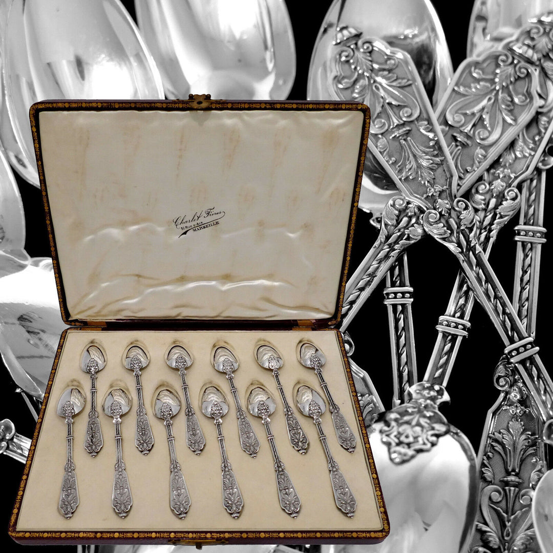 Puiforcat Rare French Sterling Silver Tea Spoons Set, Original Box, Renaissance