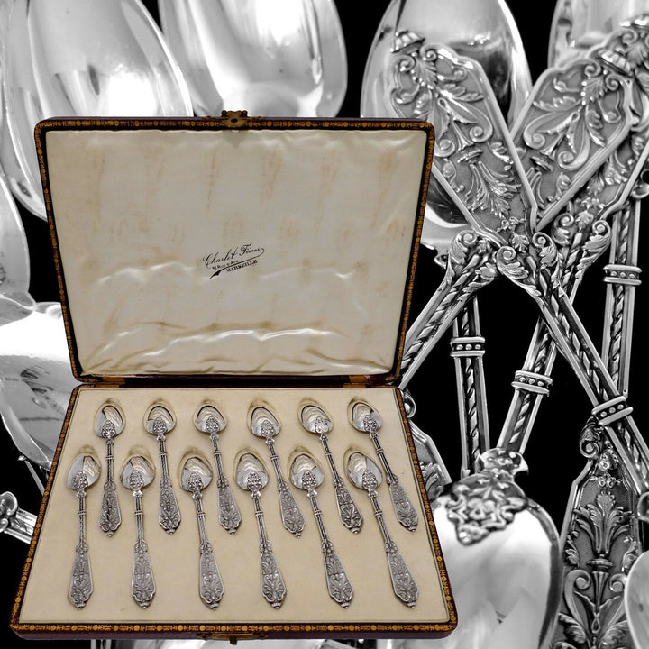 Puiforcat Rare French Sterling Silver Tea Spoons Set, Original Box, Renaissance