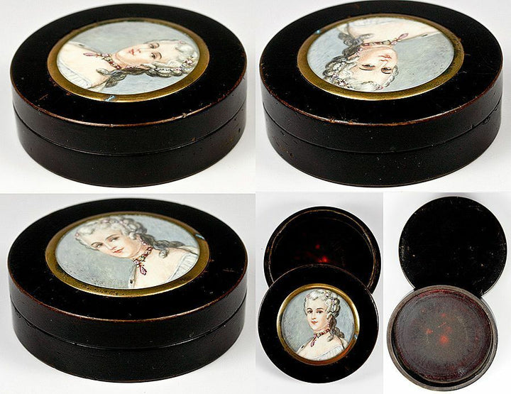 Fine Antique French Snuff Box, Hand Painted Portrait Miniature, Jewelry Interest