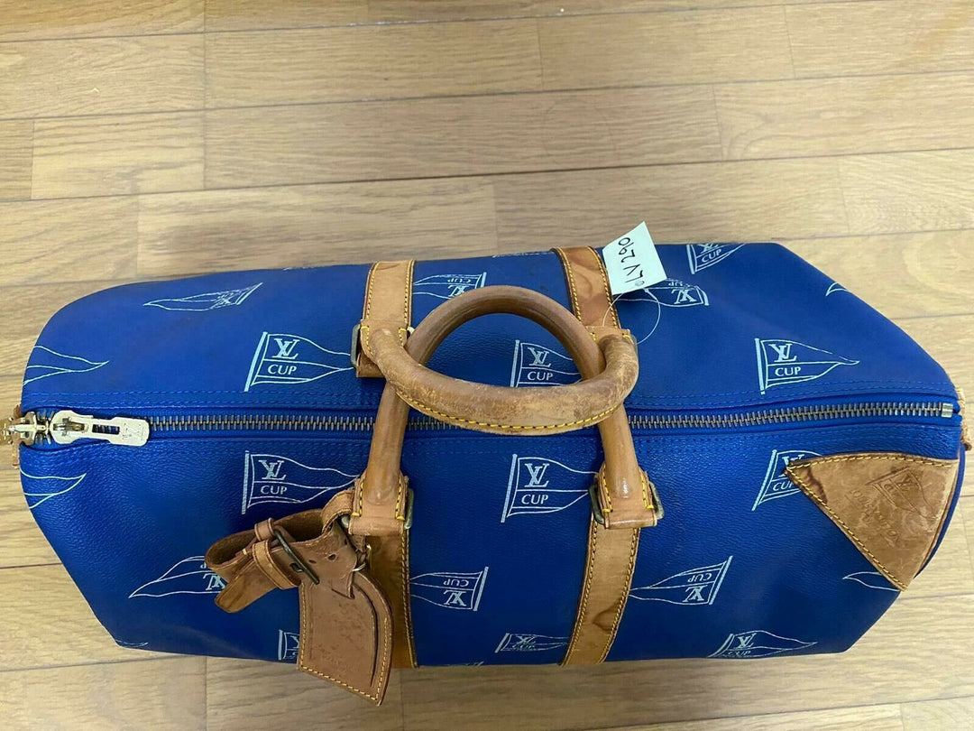 LOUIS VUITTON KEEPALL 45 BAG CUP 1992 BLUE LEATHER VINTAGE Boston