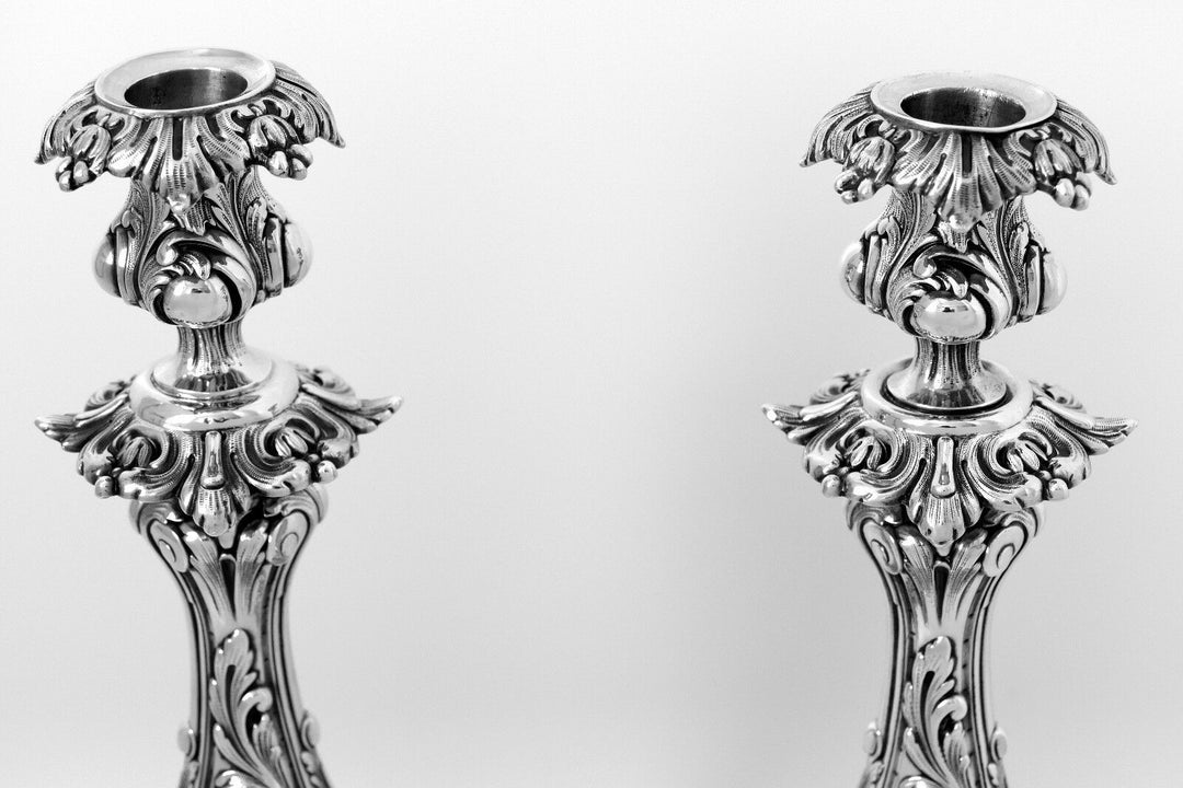 Antique French Sterling Silver Candlesticks Pair, 12"2