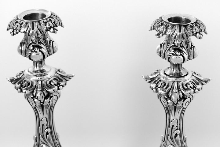 Antique French Sterling Silver Candlesticks Pair, 12"2