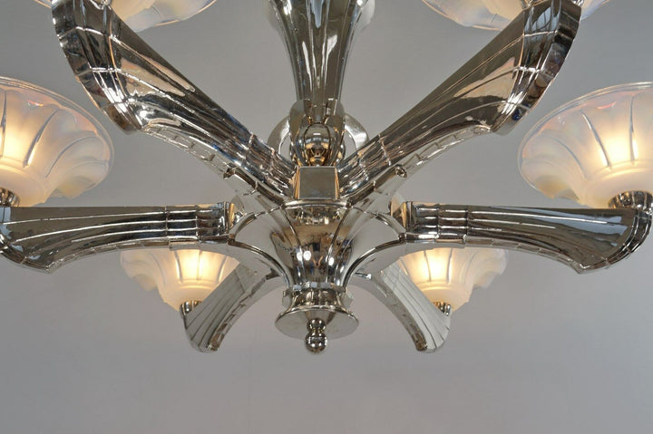 J.GAUTHIER EZAN EJG : LARGE 1930 1935 FRENCH OPALESCENT ART DECO CHANDELIER