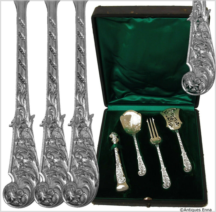 Soufflot French Sterling Silver 18K Gold Dessert Hors D'oeuvre Set 4 pc w/box