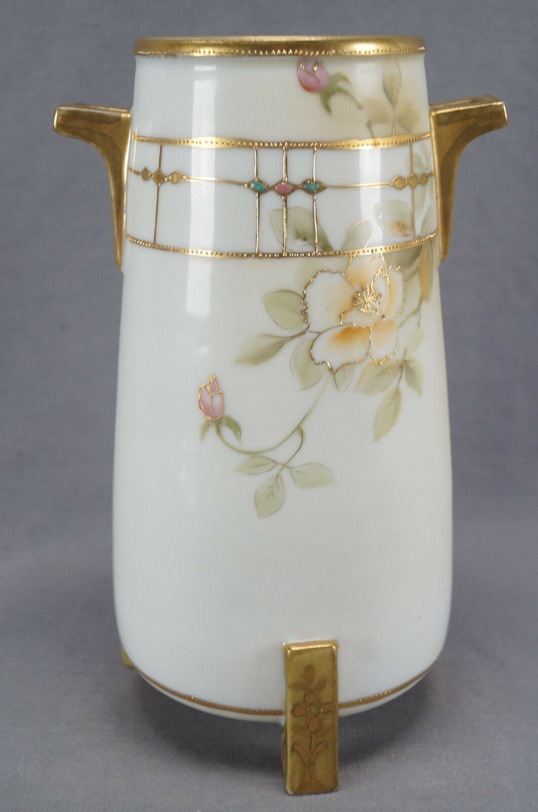 Nippon Morimura Hand Painted Pink & Yellow Wild Roses Vase Circa 1911 - 21