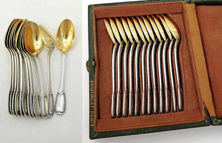 Puiforcat: French Sterling Silver & Vermeil Small Coffee, Mocha Spoons - 12pc