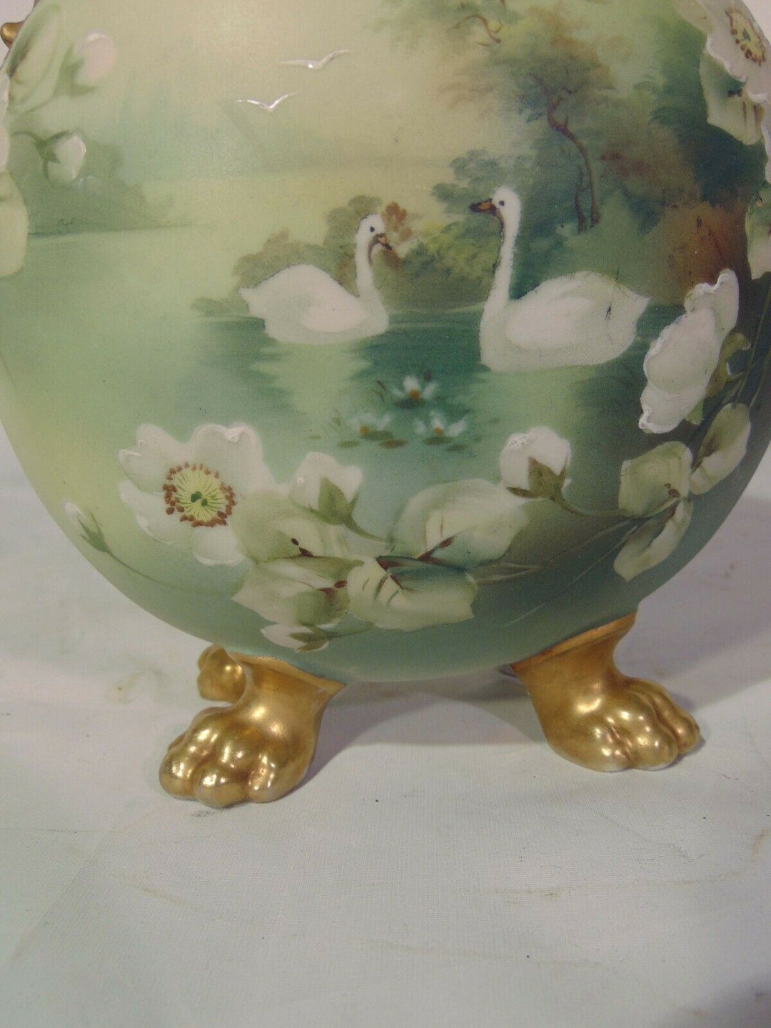 Japanese Nippon Porcelain Vase Elephant Handles Lion's Feet Swan White Roses