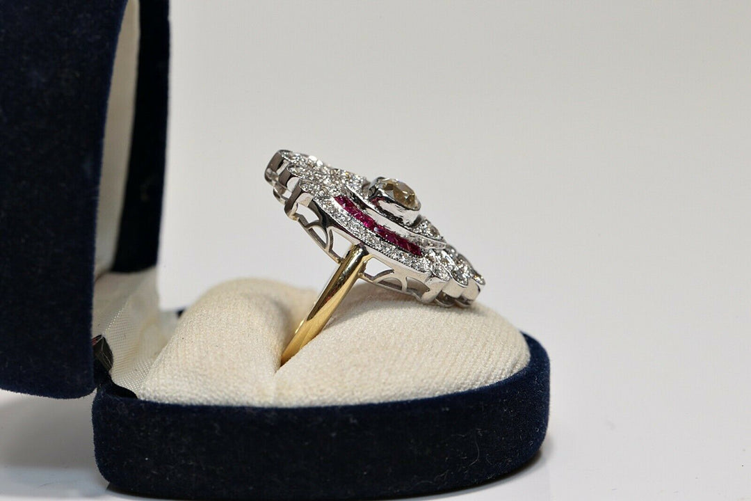 アールデコスタイル 18K ナチュラルダイヤモンドとルビーのナヴェットリング