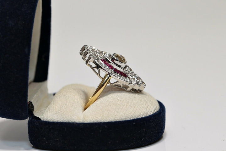 アールデコスタイル 18K ナチュラルダイヤモンドとルビーのナヴェットリング