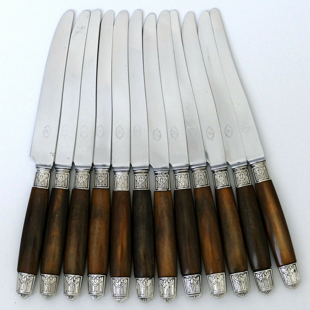 Thiers French Silver & Horn Dinner Knife Set of 12 pc, Art Deco