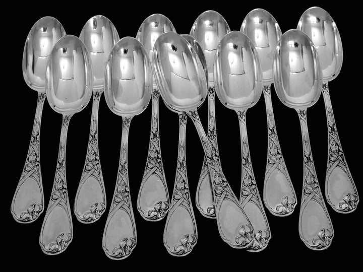 Puiforcat French Sterling Silver Dinner Flatware Set 25 pc Iris w/box