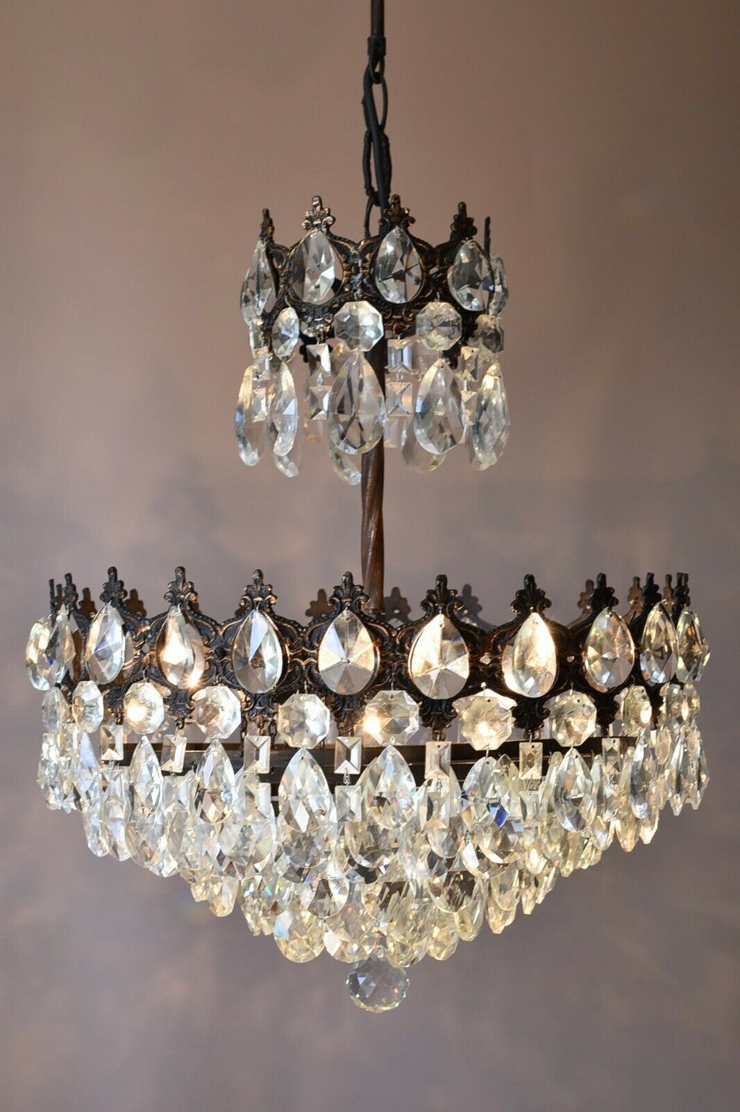 Brass Antique/ Vintage Crystal Chandelier, Hallway Lighting Light Pendant Lamp