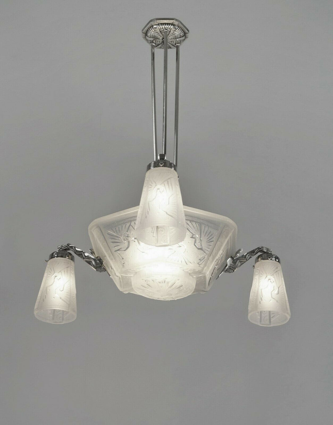 MULLER FRERES : FRENCH ART DECO CHANDELIER 1930 ... peacock bronze lustre paon