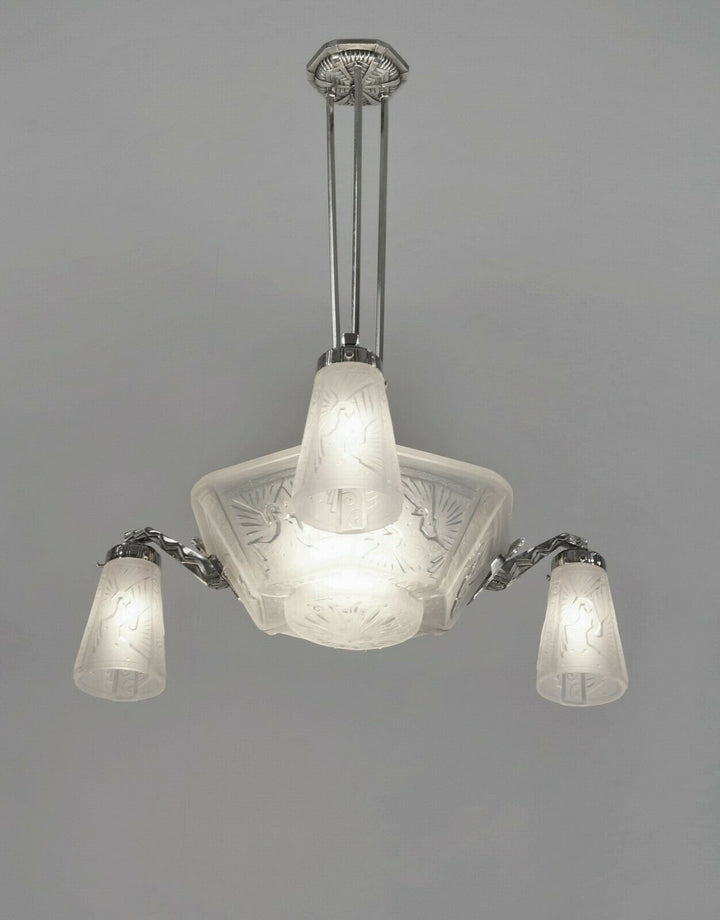 MULLER FRERES : FRENCH ART DECO CHANDELIER 1930 ... peacock bronze lustre paon