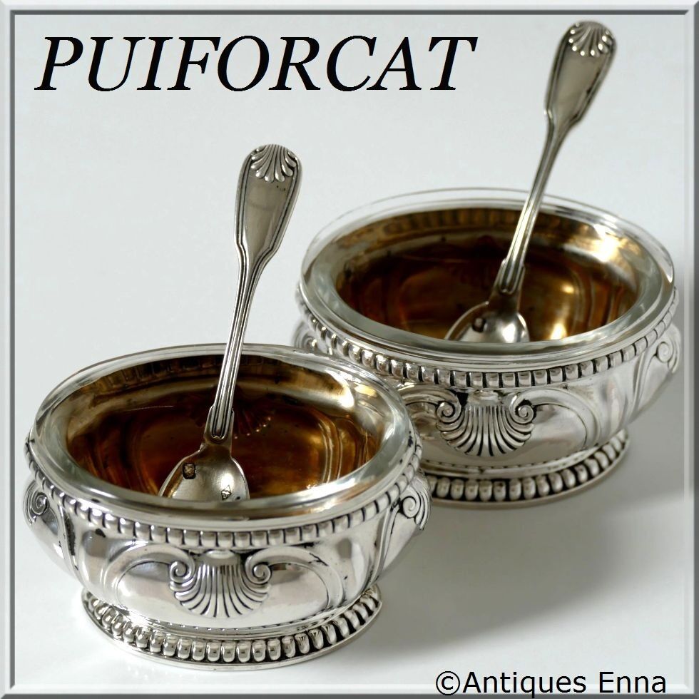 Puiforcat Gorgeous French Sterling Silver 18K Gold Salt Cellars Pair w/spoons