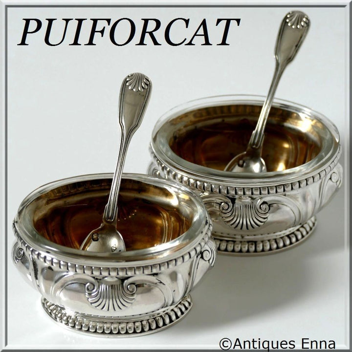 Puiforcat Gorgeous French Sterling Silver 18K Gold Salt Cellars Pair w/spoons