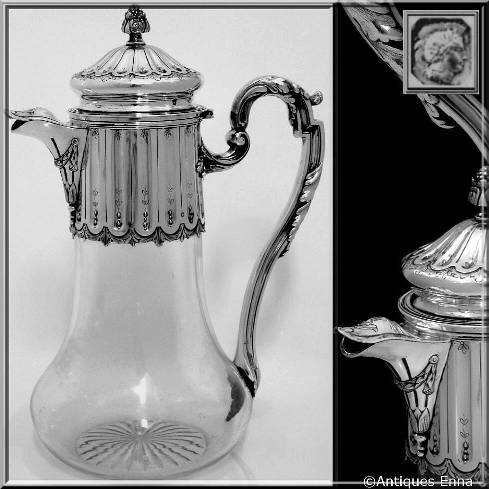 Antique French Sterling Silver & Crystal Serving Decanter, Pitcher Neoclassical