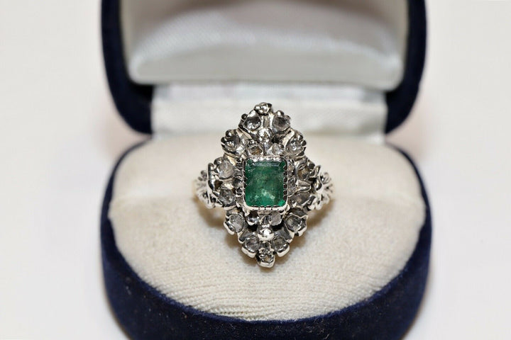 アンティーク ヴィクトリアン 18K ナチュラルローズカットダイヤモンドとエメラルドのナヴェットリング