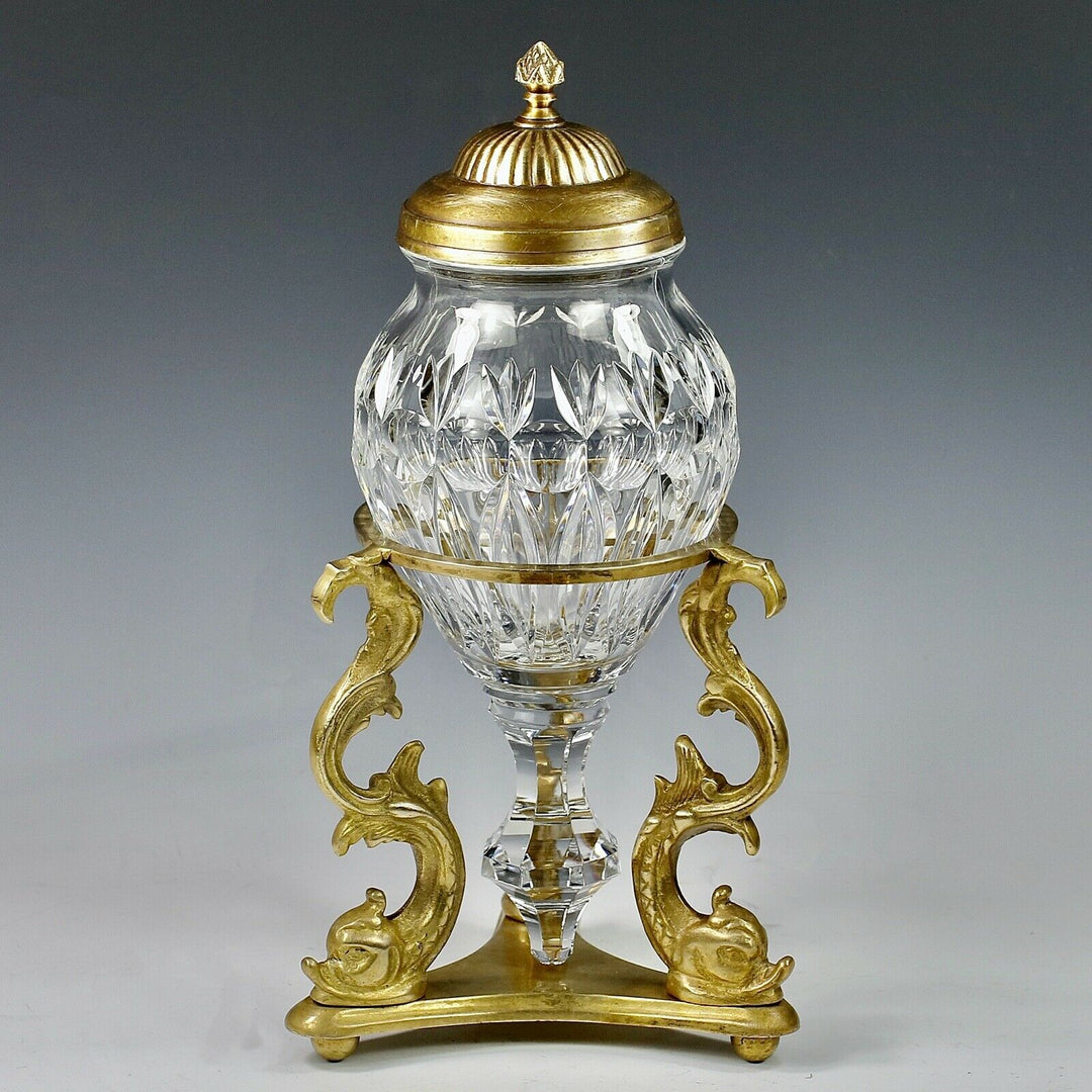 Antique French Baccarat clear crystal Urn Vase on gilt bronze Dolphins base