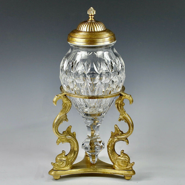 Antique French Baccarat clear crystal Urn Vase on gilt bronze Dolphins base