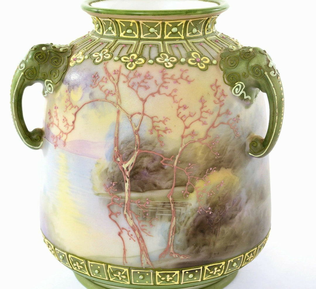 Japanese Hand Painted Moriage Nippon Porcelain Elephant Handle Scenic Vase Mk