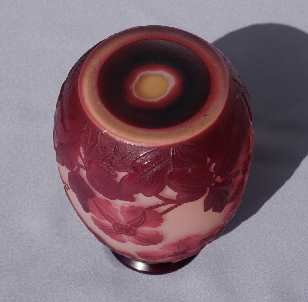 French Emile Galle Blown Out Soufle Vase Red Pink Clematis Flowers