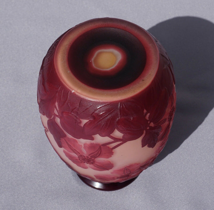 French Emile Galle Blown Out Soufle Vase Red Pink Clematis Flowers