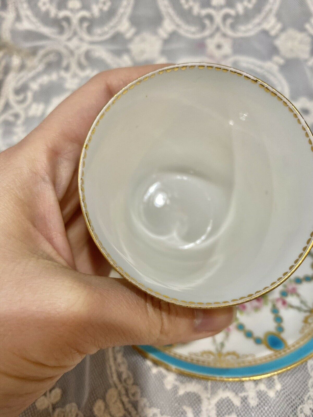 Minton Hand Painted Turquoise Rose Gold Enamel Tea Cup Saucer Set