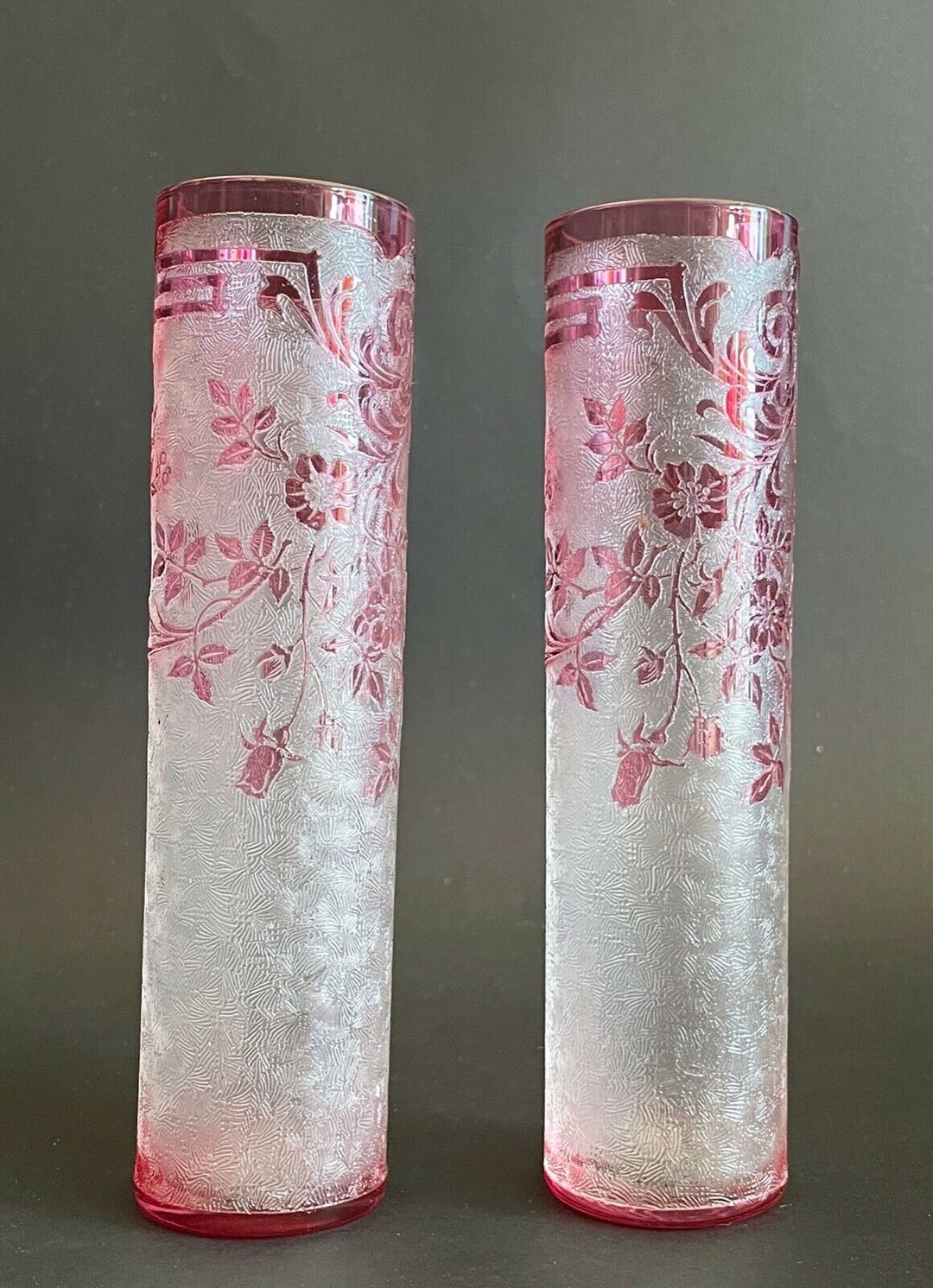 Val Saint Lambert Antique Original crystal Cameo Acid Enamel Vases VSL Baccarat