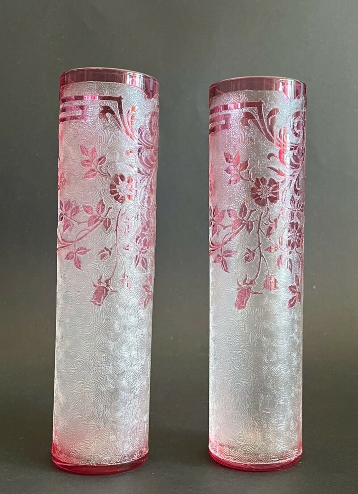 Val Saint Lambert Antique Original crystal Cameo Acid Enamel Vases VSL Baccarat