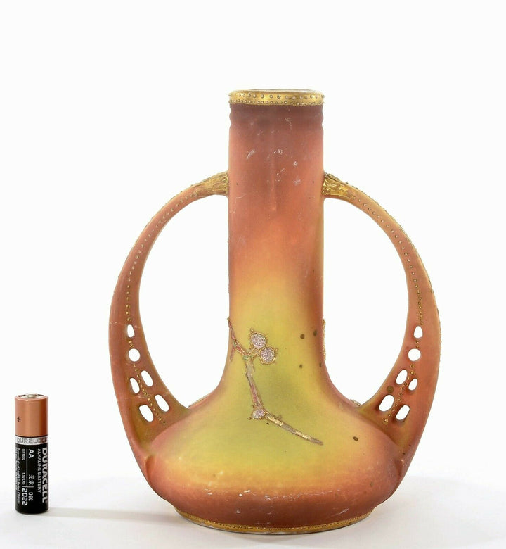 Japanese Nippon Porcelain Coralene Bead Handle Vase Plum Blossom Mk - AS IS