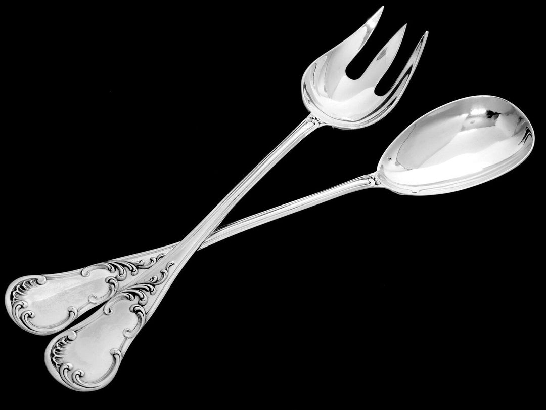 QUEILLE Elegant French All Sterling Silver Salad Serving Set 2 pc Rococo