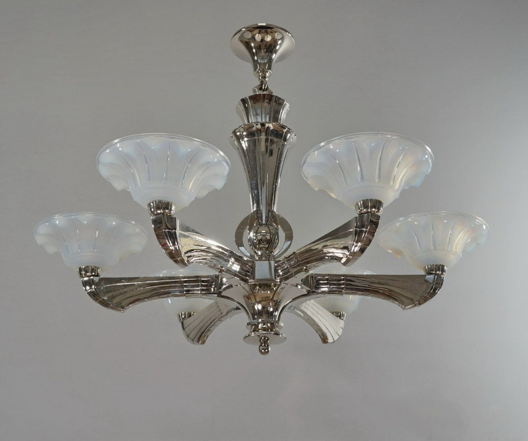 J.GAUTHIER EZAN EJG : LARGE 1930 1935 FRENCH OPALESCENT ART DECO CHANDELIER