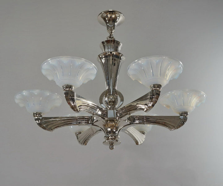 J.GAUTHIER EZAN EJG : LARGE 1930 1935 FRENCH OPALESCENT ART DECO CHANDELIER