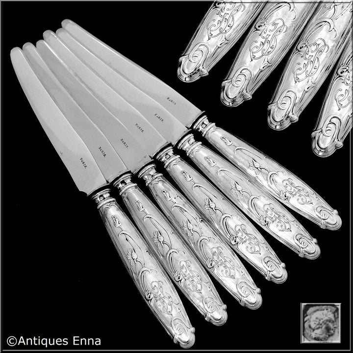 Lapparra Fabulous French Sterling Silver Dessert Entremet Set 6 pc Poppies