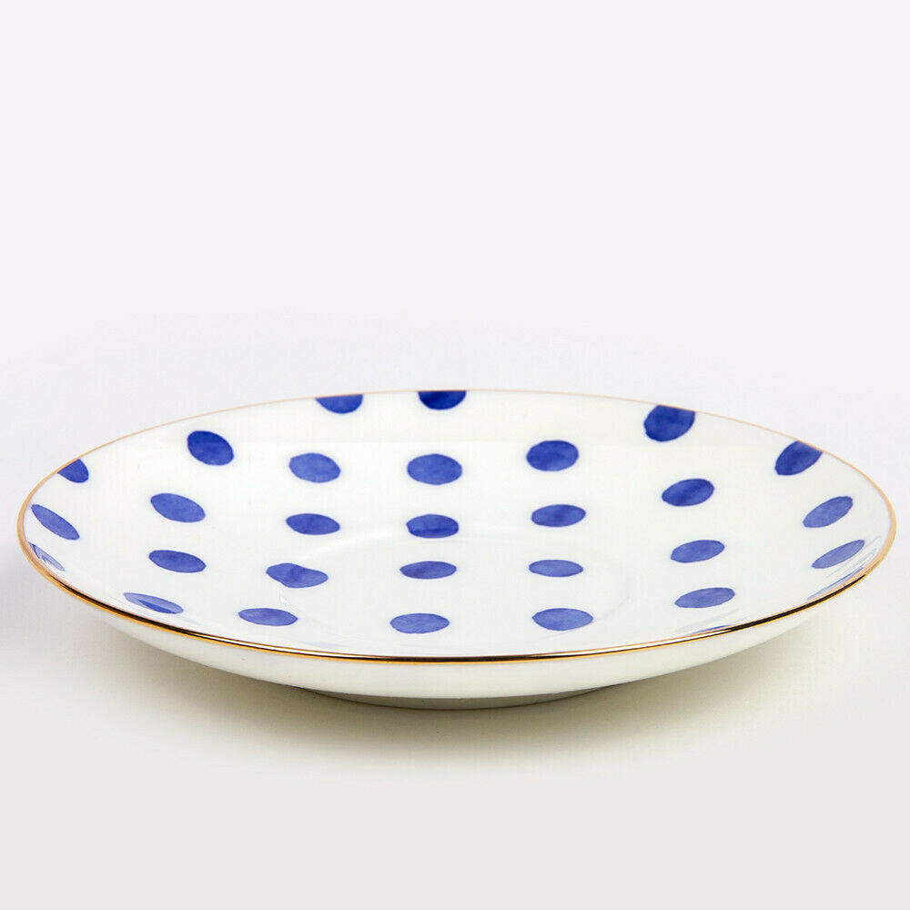 White Imperial Porcelain Teacup & Saucer, Blue Polka Dot, Mood#7 Pattern, LFZ